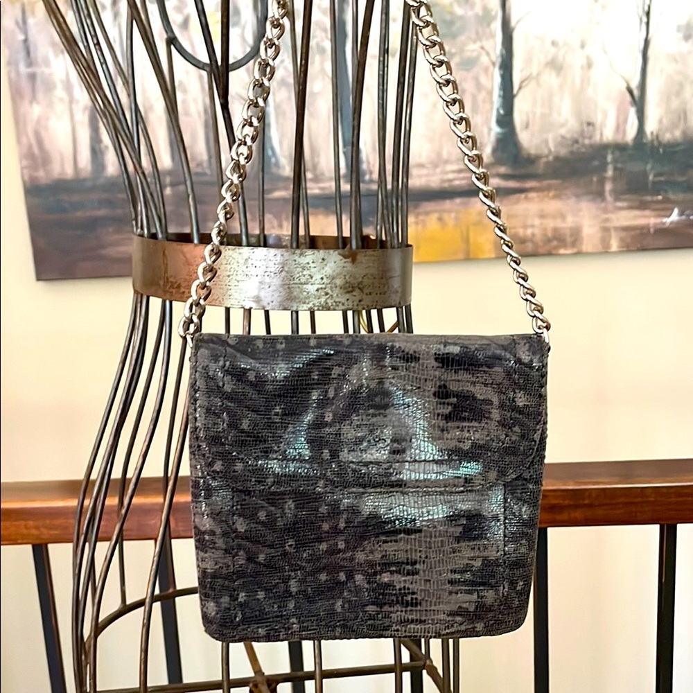 Banana Republic Snake Print Leather Silver Chain Grey Black Small Crossbody